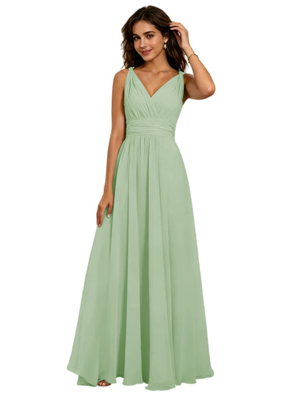 Pleated V-Neck Chiffon A-Line Bridesmaid Dress with Lace-Up Back