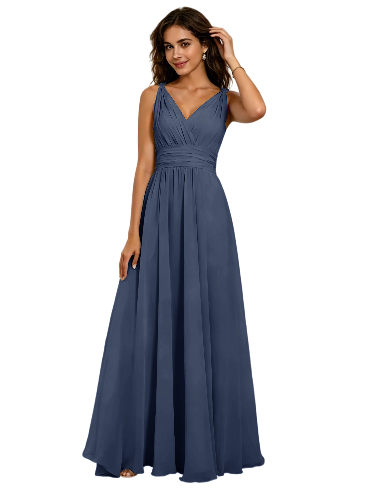 Pleated V-Neck Chiffon A-Line Bridesmaid Dress with Lace-Up Back