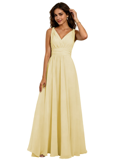 Pleated V-Neck Chiffon A-Line Bridesmaid Dress with Lace-Up Back