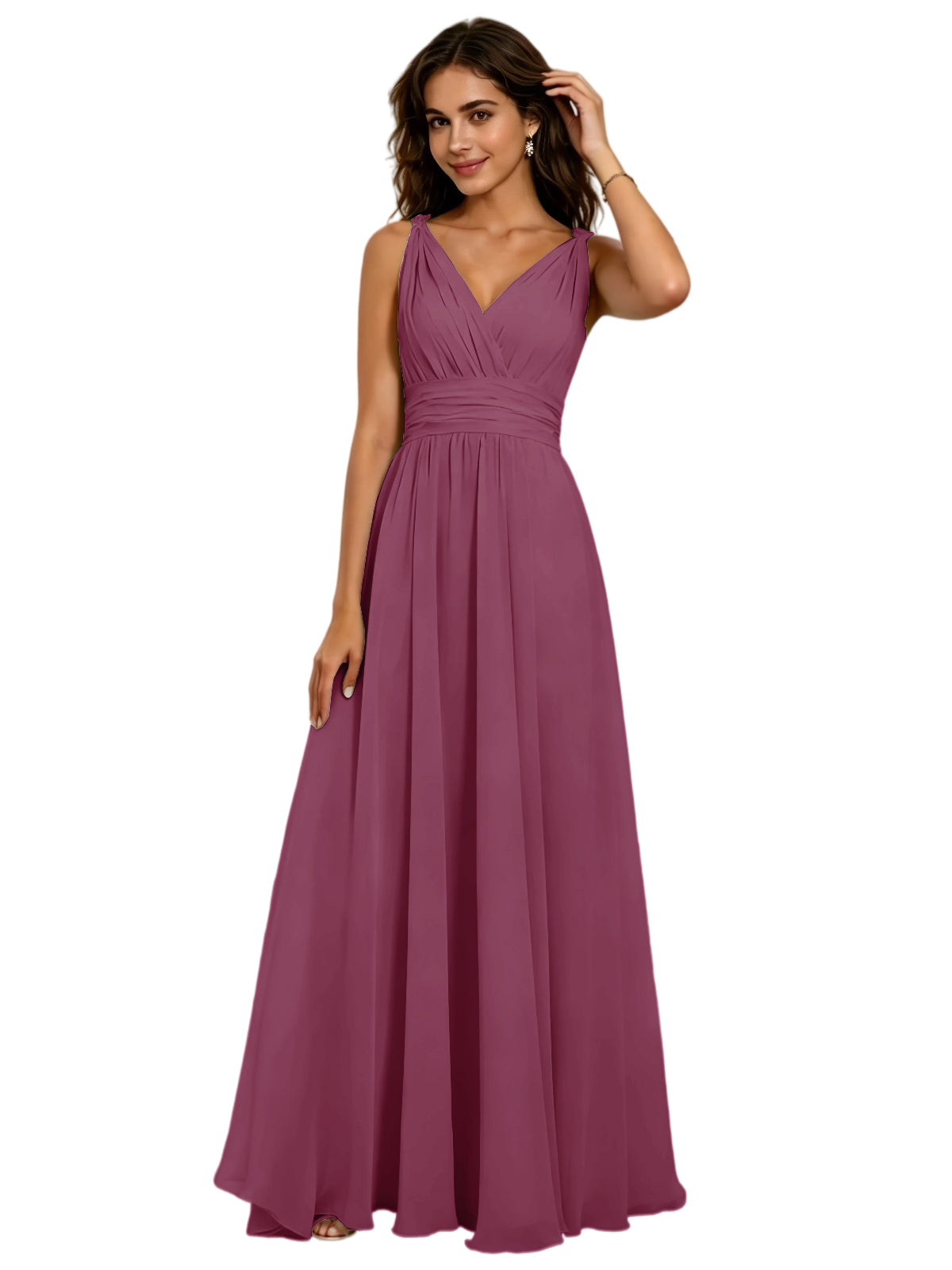 Pleated V-Neck Chiffon A-Line Bridesmaid Dress with Lace-Up Back