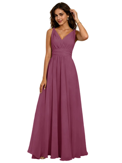Pleated V-Neck Chiffon A-Line Bridesmaid Dress with Lace-Up Back