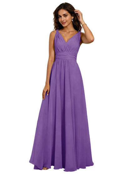 Pleated V-Neck Chiffon A-Line Bridesmaid Dress with Lace-Up Back