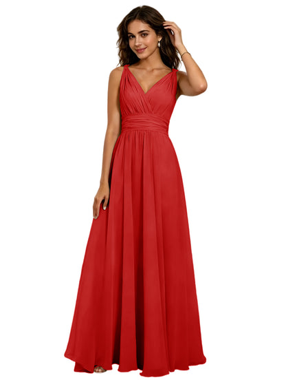 Pleated V-Neck Chiffon A-Line Bridesmaid Dress with Lace-Up Back