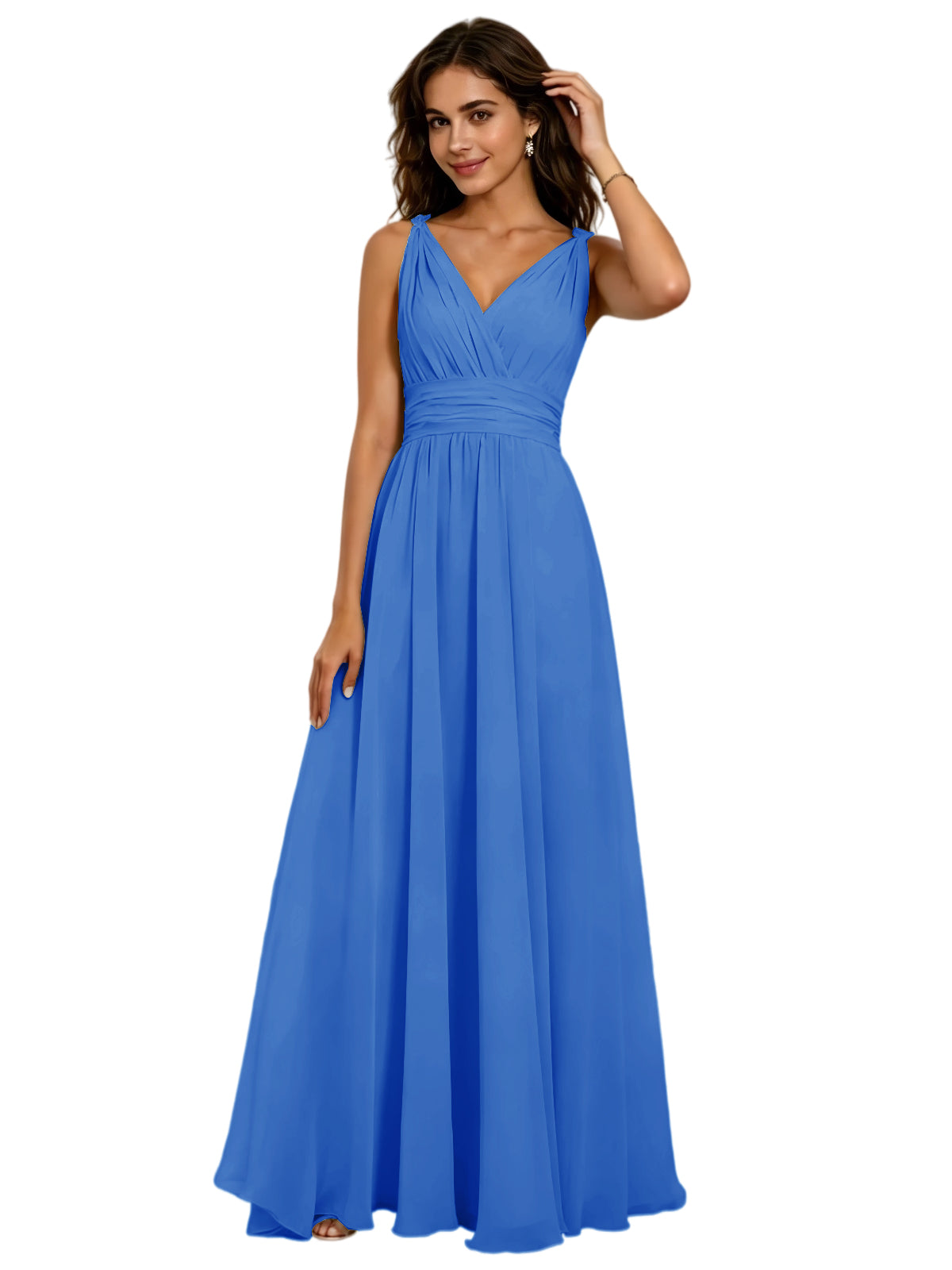 Pleated V-Neck Chiffon A-Line Bridesmaid Dress with Lace-Up Back