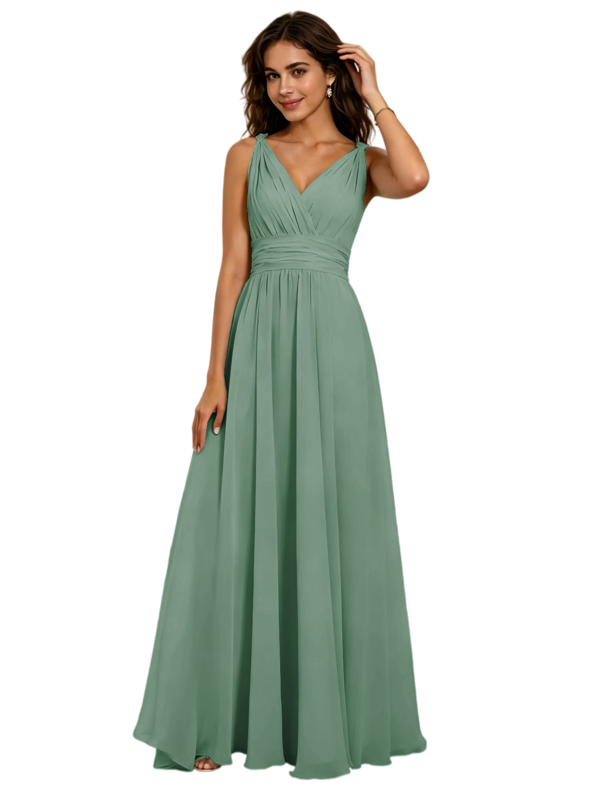 Pleated V-Neck Chiffon A-Line Bridesmaid Dress with Lace-Up Back