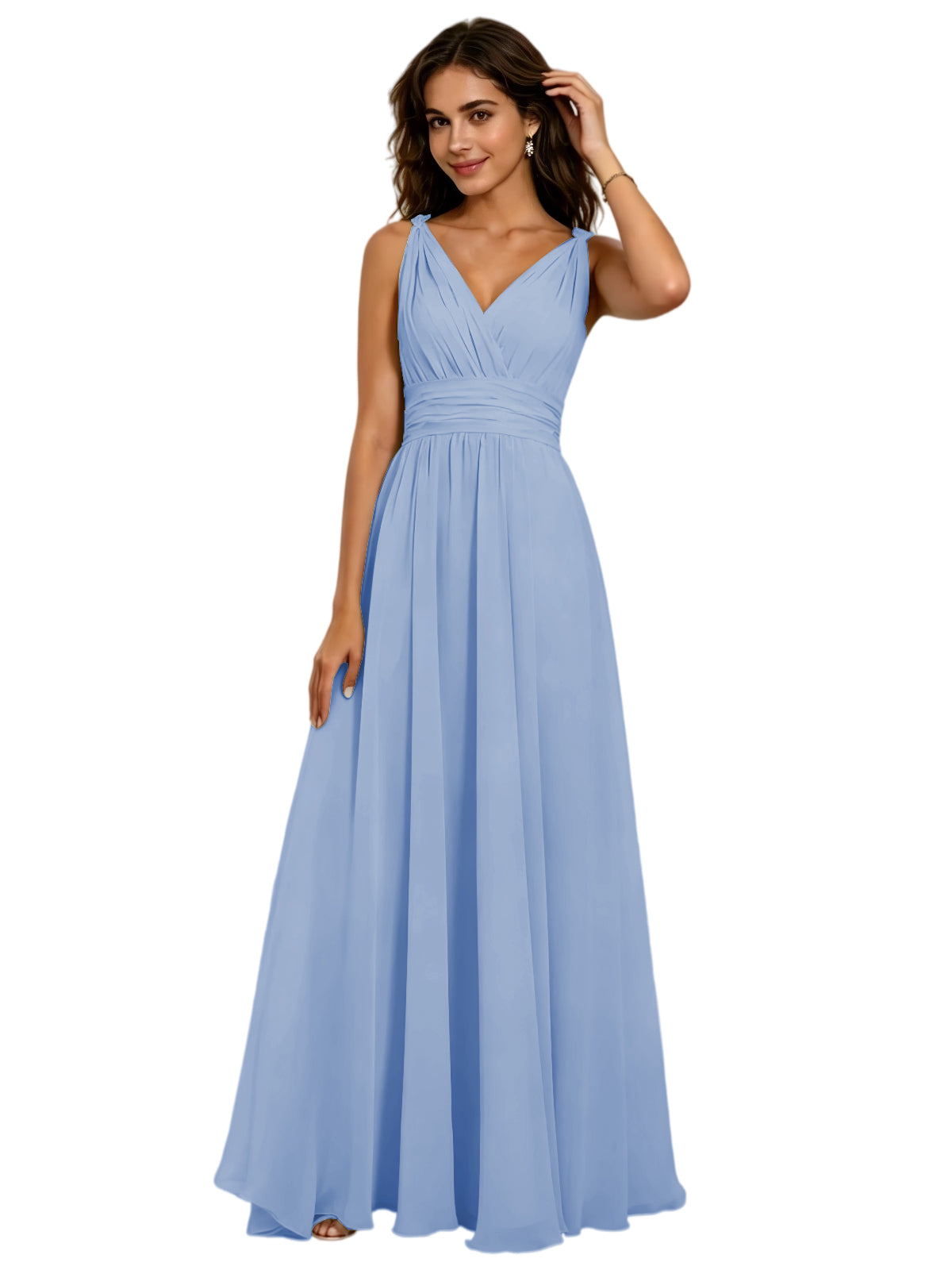 Pleated V-Neck Chiffon A-Line Bridesmaid Dress with Lace-Up Back
