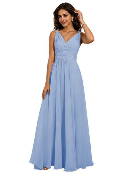 Pleated V-Neck Chiffon A-Line Bridesmaid Dress with Lace-Up Back