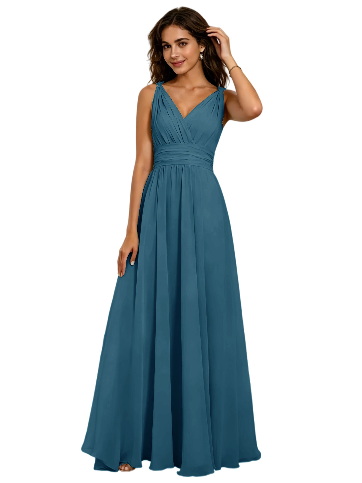 Pleated V-Neck Chiffon A-Line Bridesmaid Dress with Lace-Up Back