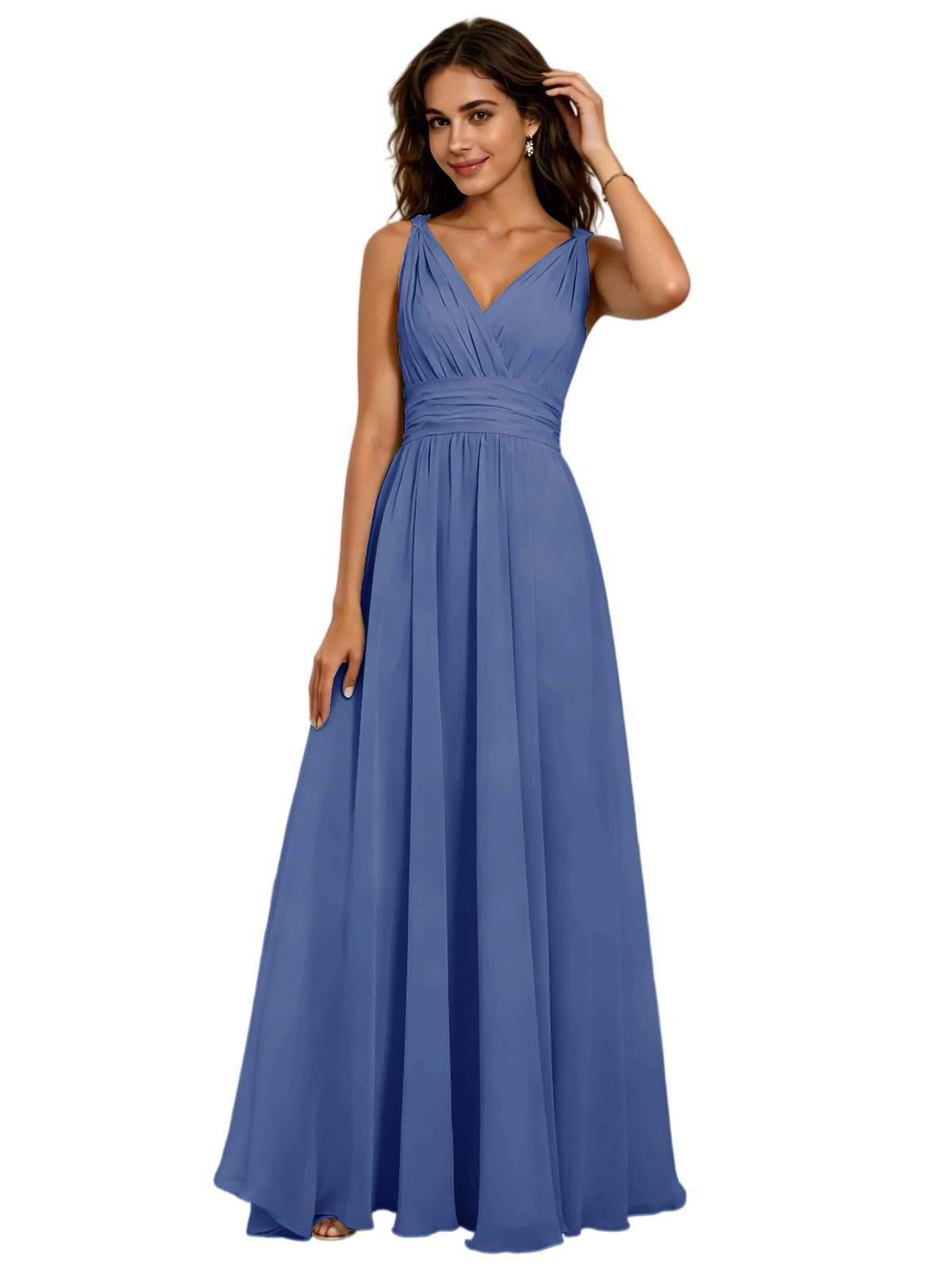 Pleated V-Neck Chiffon A-Line Bridesmaid Dress with Lace-Up Back