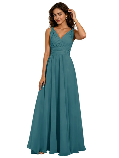 Pleated V-Neck Chiffon A-Line Bridesmaid Dress with Lace-Up Back