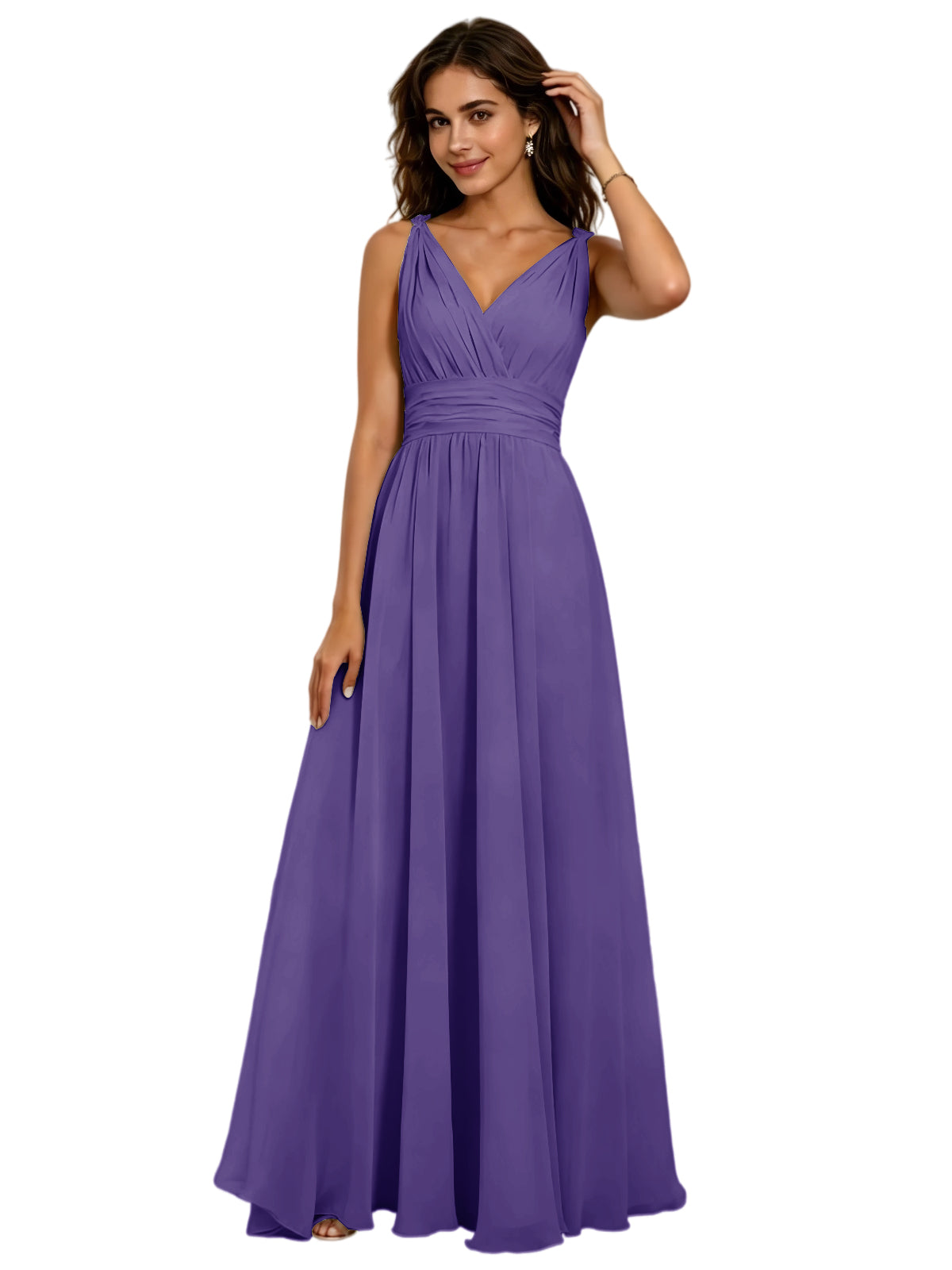 Pleated V-Neck Chiffon A-Line Bridesmaid Dress with Lace-Up Back