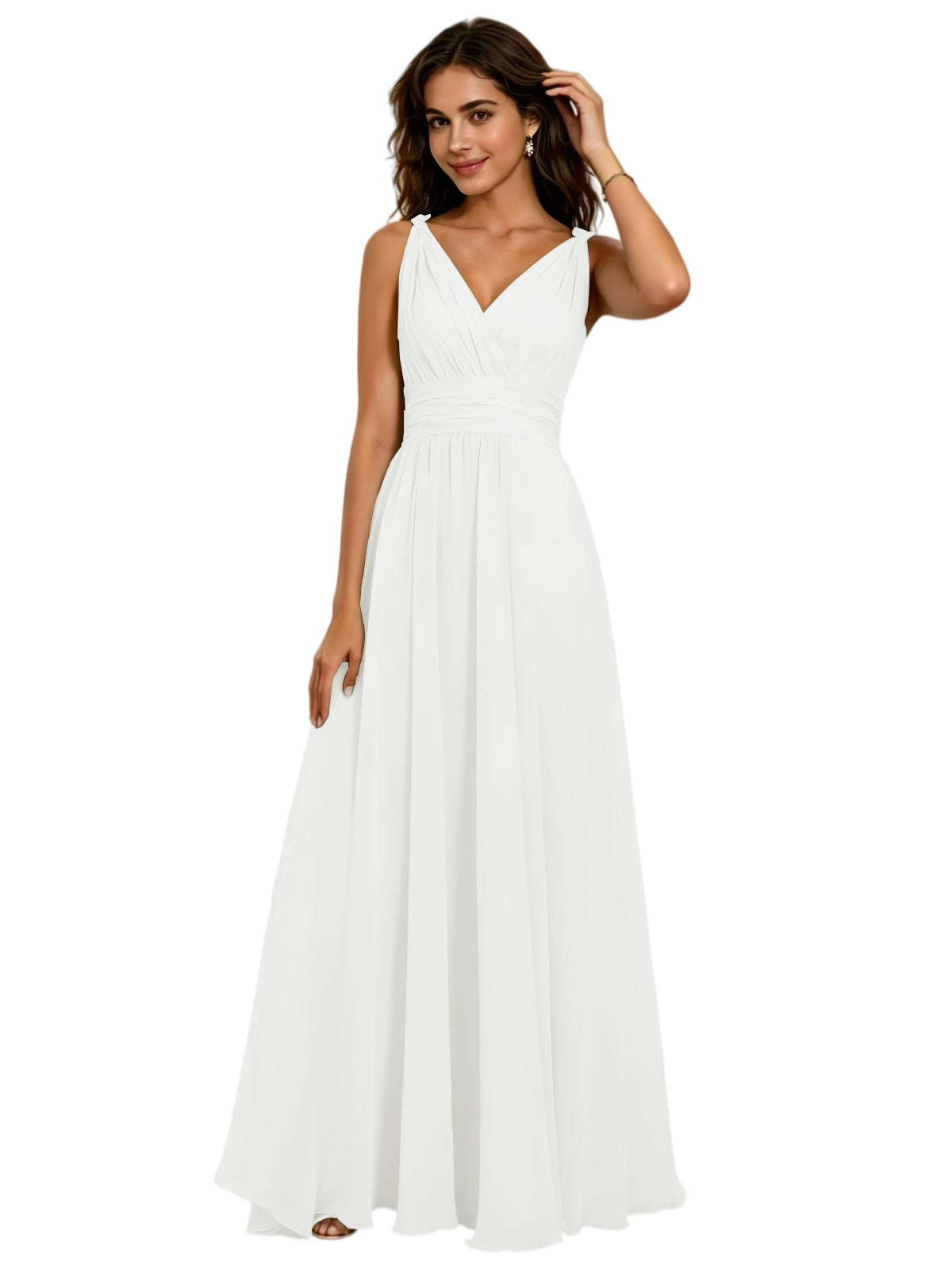 Pleated V-Neck Chiffon A-Line Bridesmaid Dress with Lace-Up Back