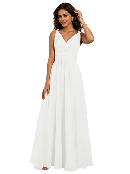 Pleated V-Neck Chiffon A-Line Bridesmaid Dress with Lace-Up Back