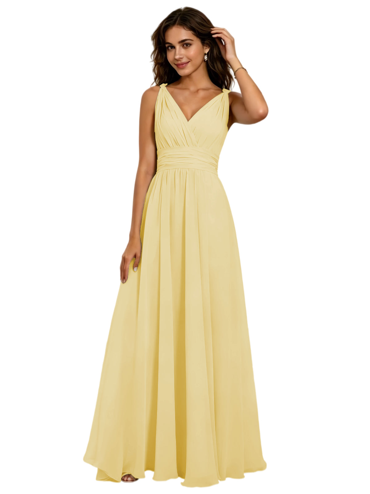Pleated V-Neck Chiffon A-Line Bridesmaid Dress with Lace-Up Back