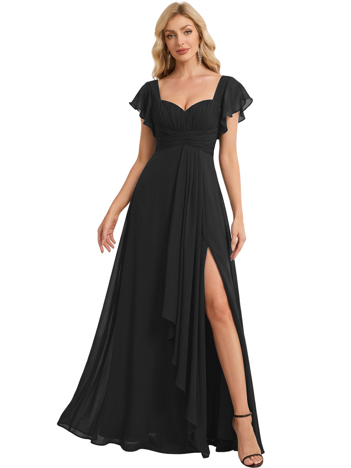 Sweetheart Chiffon A-Line Bridesmaid Dress with Flutter Sleeves and Slit
