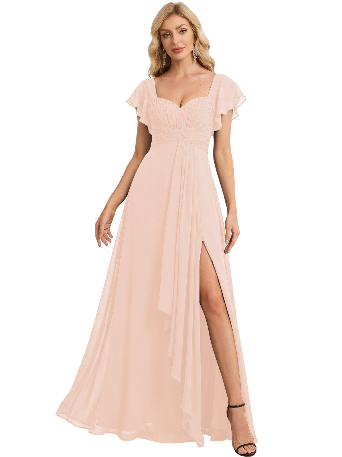 Sweetheart Chiffon A-Line Bridesmaid Dress with Flutter Sleeves and Slit