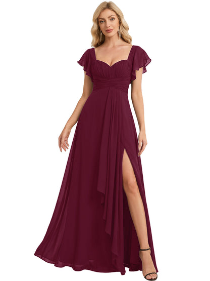 Sweetheart Chiffon A-Line Bridesmaid Dress with Flutter Sleeves and Slit