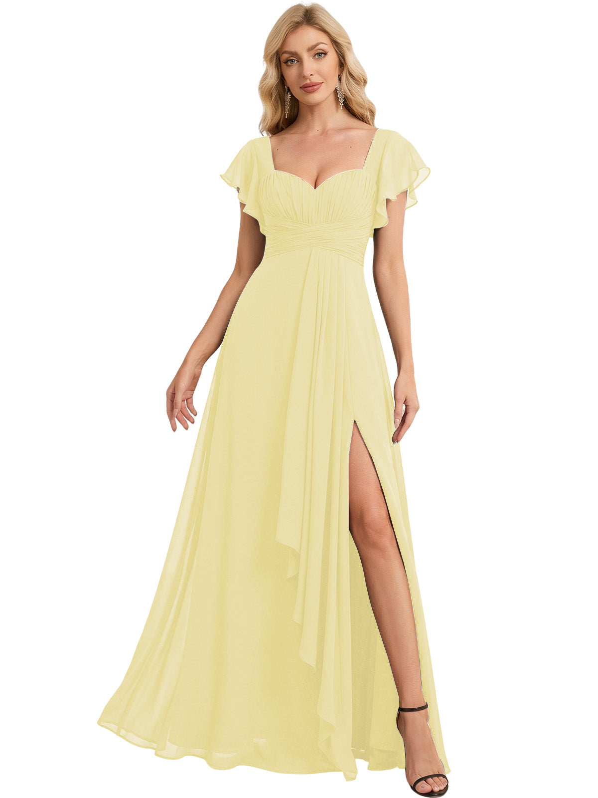 Sweetheart Chiffon A-Line Bridesmaid Dress with Flutter Sleeves and Slit