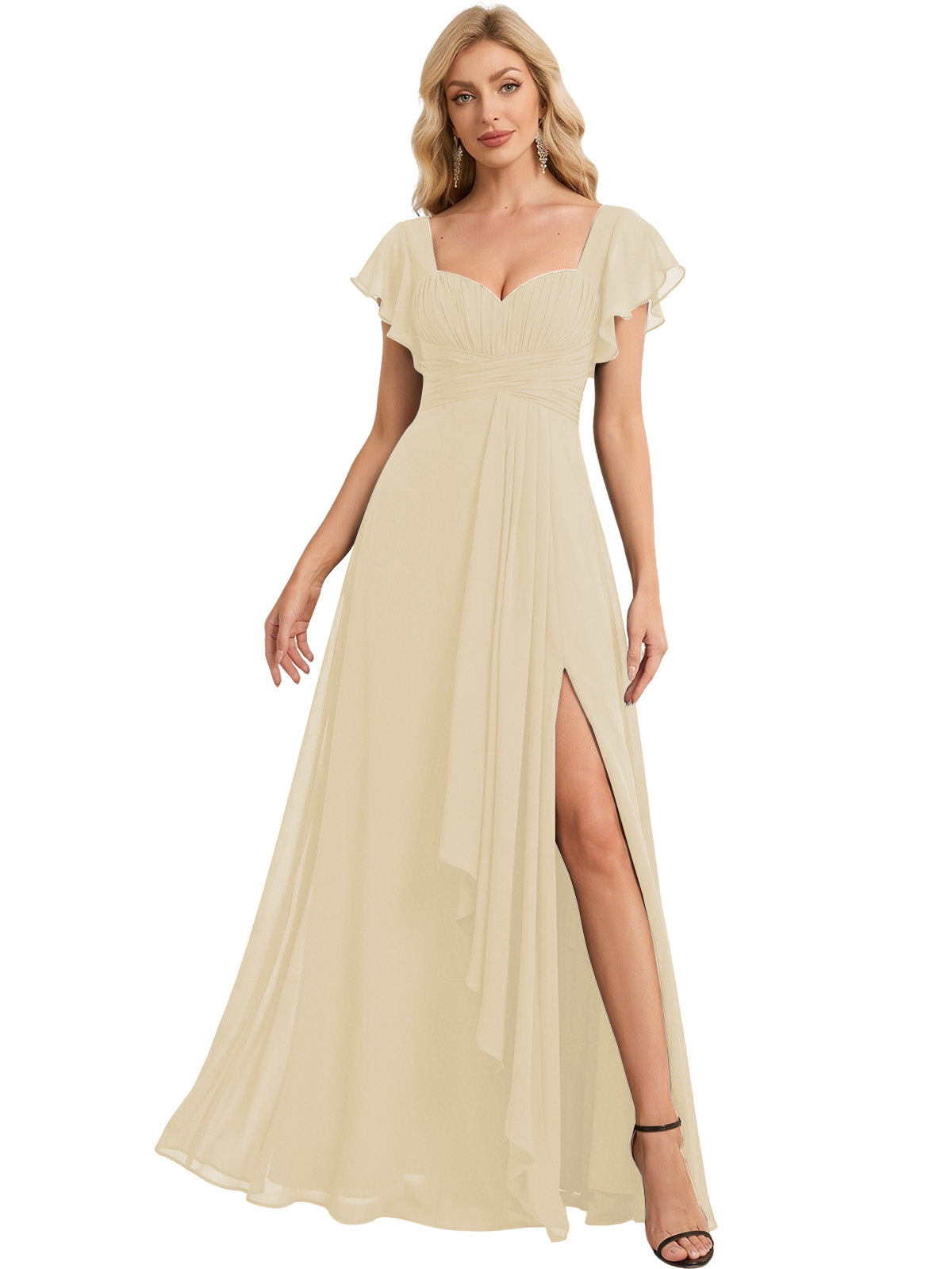 Sweetheart Chiffon A-Line Bridesmaid Dress with Flutter Sleeves and Slit