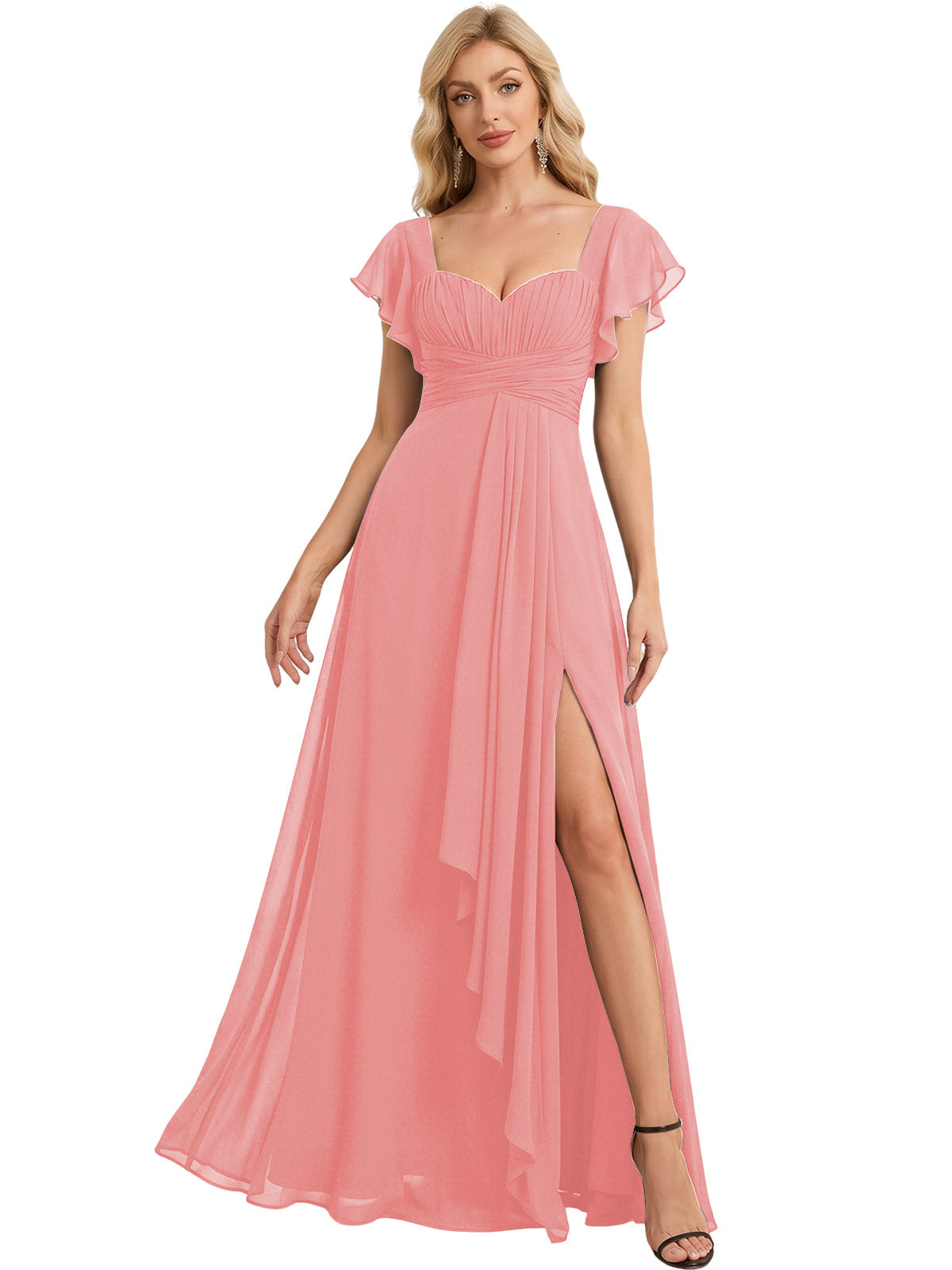 Sweetheart Chiffon A-Line Bridesmaid Dress with Flutter Sleeves and Slit
