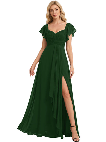 Sweetheart Chiffon A-Line Bridesmaid Dress with Flutter Sleeves and Slit
