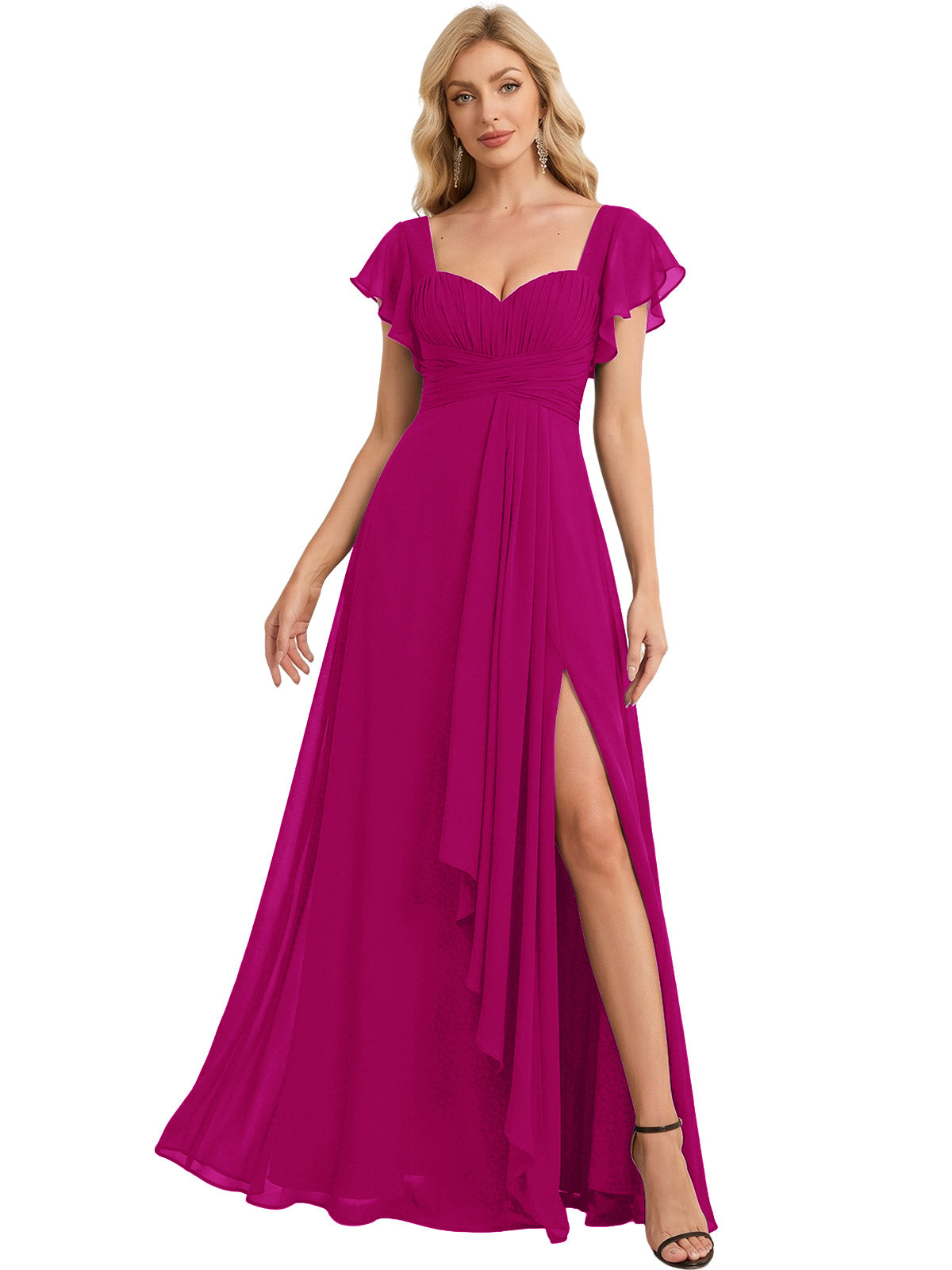 Sweetheart Chiffon A-Line Bridesmaid Dress with Flutter Sleeves and Slit