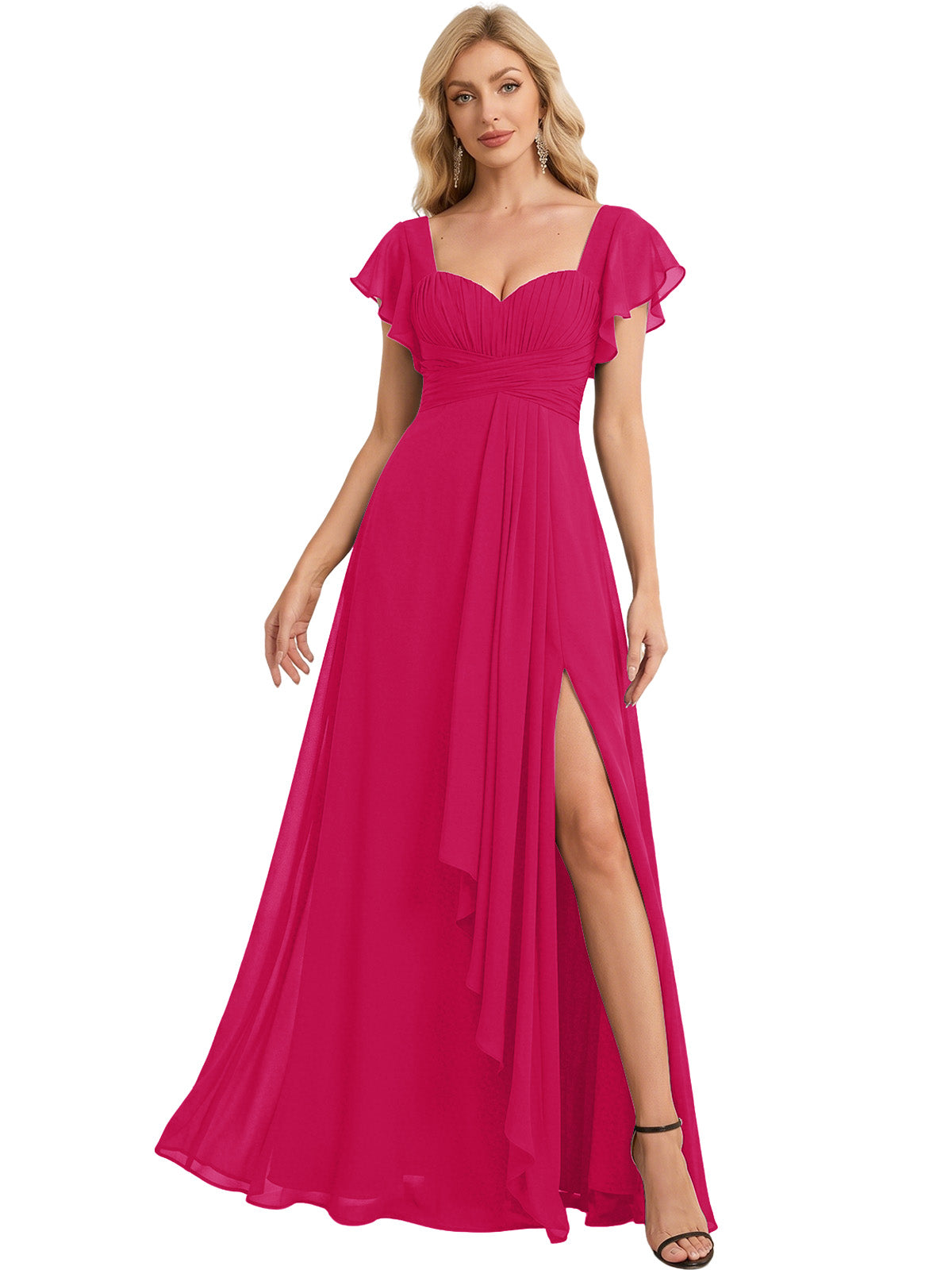 Sweetheart Chiffon A-Line Bridesmaid Dress with Flutter Sleeves and Slit