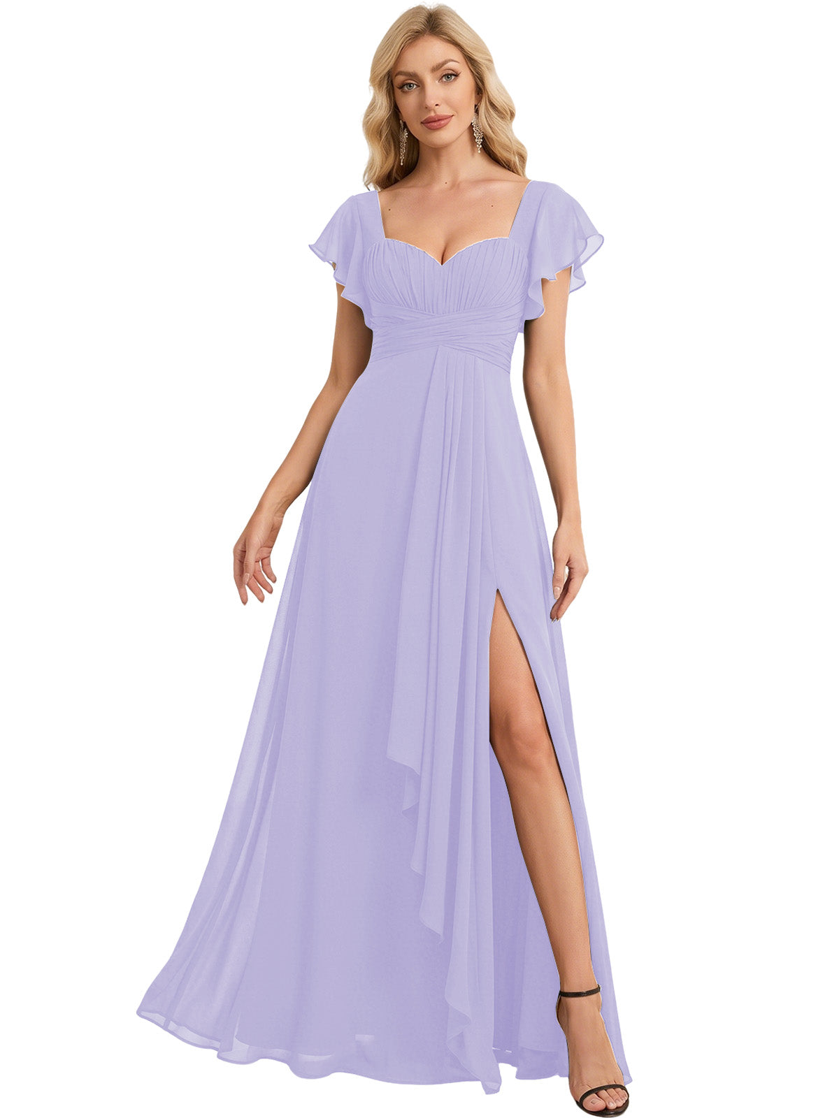 Sweetheart Chiffon A-Line Bridesmaid Dress with Flutter Sleeves and Slit
