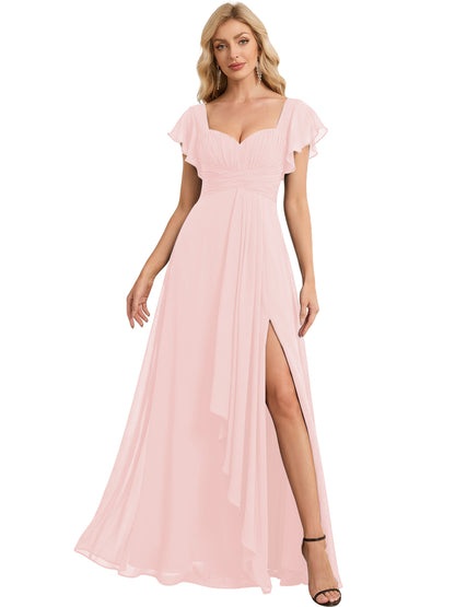 Sweetheart Chiffon A-Line Bridesmaid Dress with Flutter Sleeves and Slit