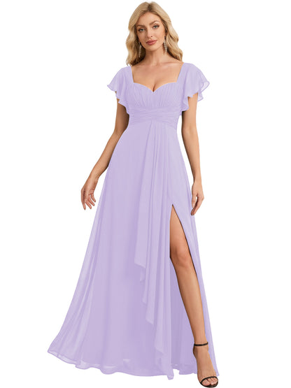 Sweetheart Chiffon A-Line Bridesmaid Dress with Flutter Sleeves and Slit