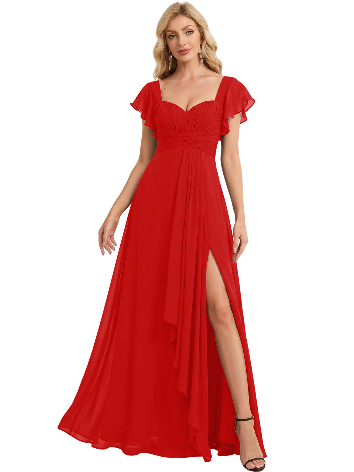 Sweetheart Chiffon A-Line Bridesmaid Dress with Flutter Sleeves and Slit