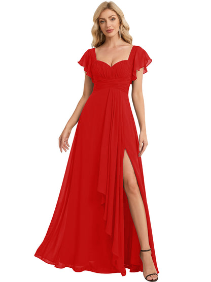 Sweetheart Chiffon A-Line Bridesmaid Dress with Flutter Sleeves and Slit