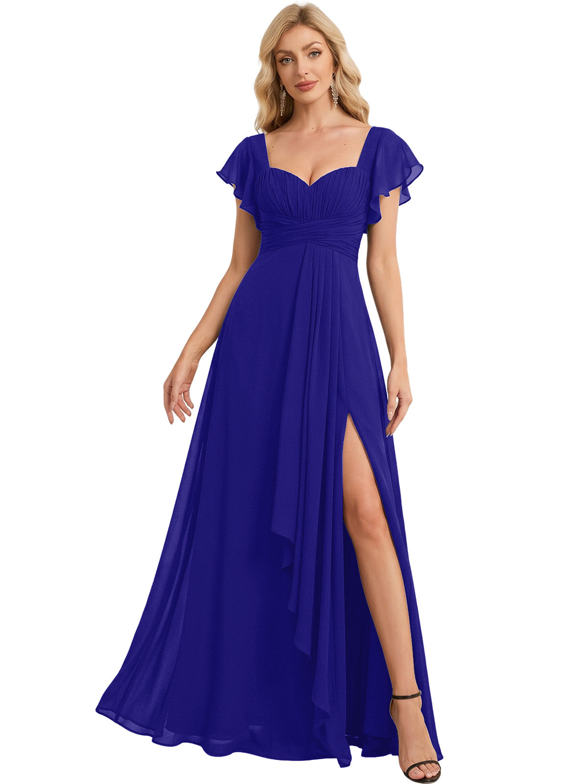 Sweetheart Chiffon A-Line Bridesmaid Dress with Flutter Sleeves and Slit