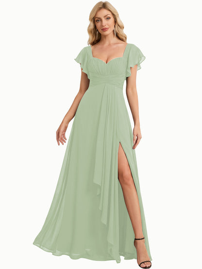 Sweetheart Chiffon A-Line Bridesmaid Dress with Flutter Sleeves and Slit