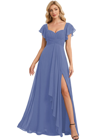 Sweetheart Chiffon A-Line Bridesmaid Dress with Flutter Sleeves and Slit