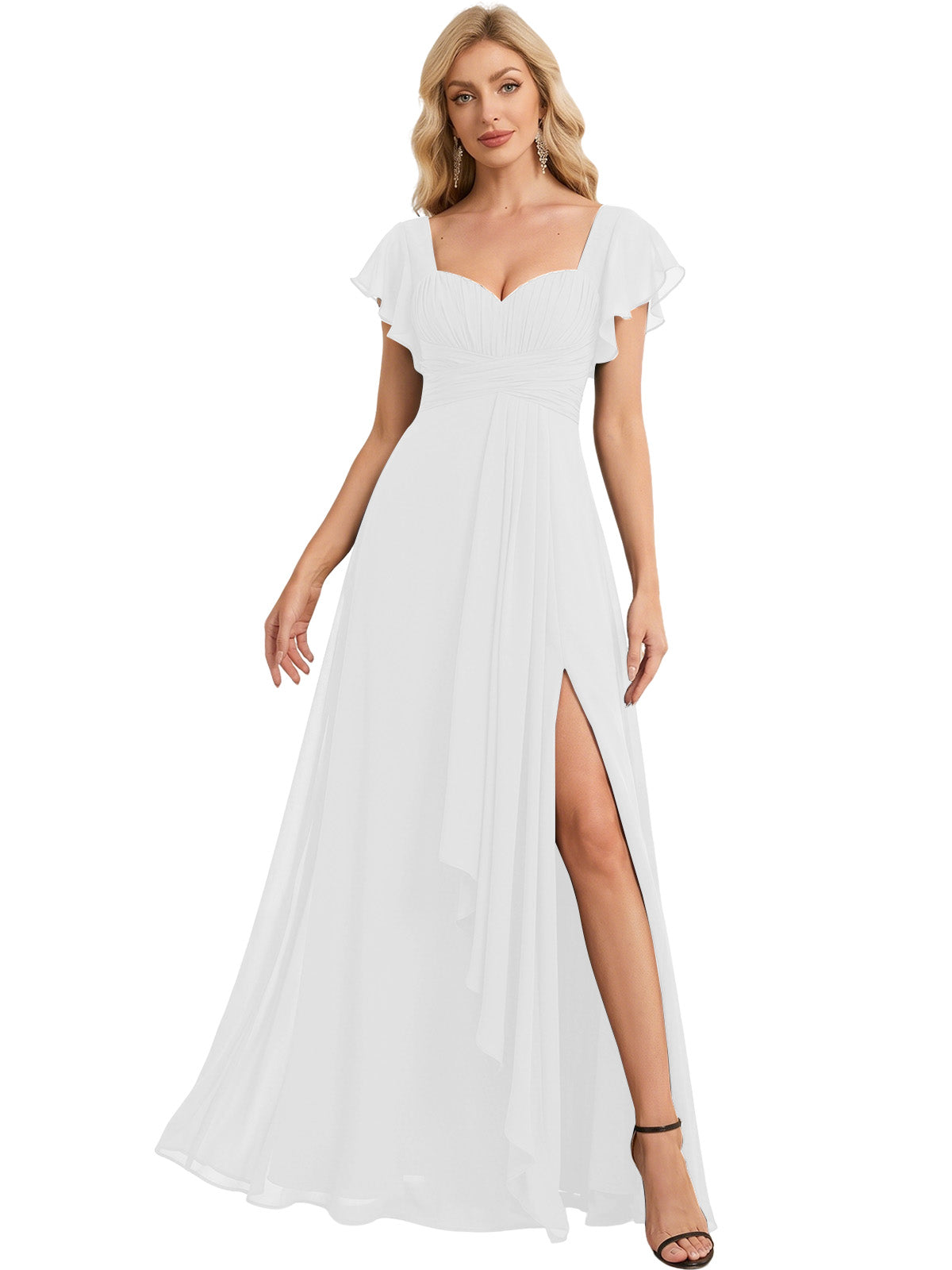 Sweetheart Chiffon A-Line Bridesmaid Dress with Flutter Sleeves and Slit