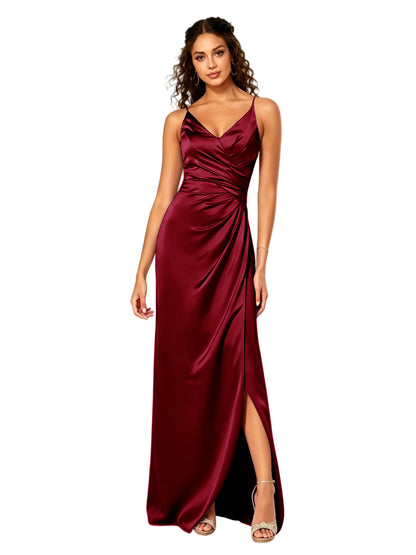 V-Neck Ruched Satin Bridesmaid Dress with Slit and Lace-Up Back