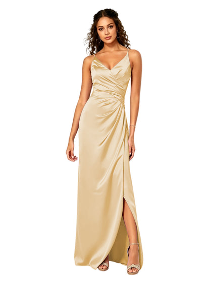 V-Neck Ruched Satin Bridesmaid Dress with Slit and Lace-Up Back