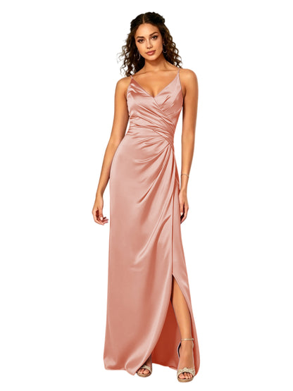 V-Neck Ruched Satin Bridesmaid Dress with Slit and Lace-Up Back