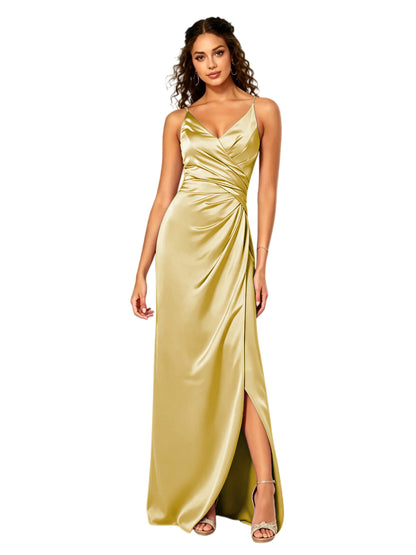V-Neck Ruched Satin Bridesmaid Dress with Slit and Lace-Up Back