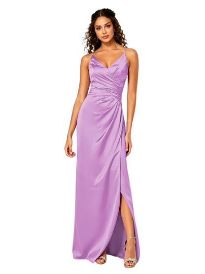 V-Neck Ruched Satin Bridesmaid Dress with Slit and Lace-Up Back