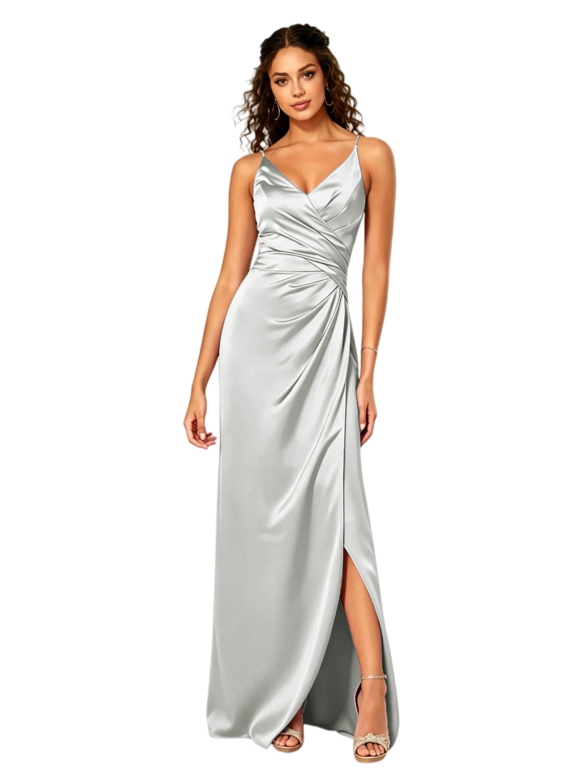 V-Neck Ruched Satin Bridesmaid Dress with Slit and Lace-Up Back