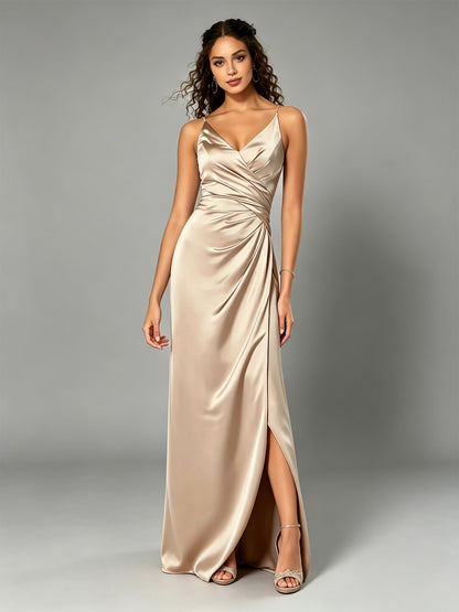 v neck satin bridesmaid dress