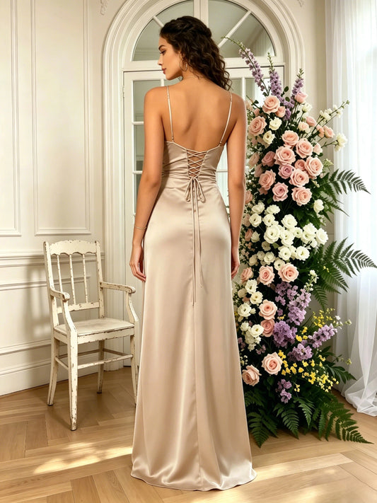 spaghetti strap ruched formal gown