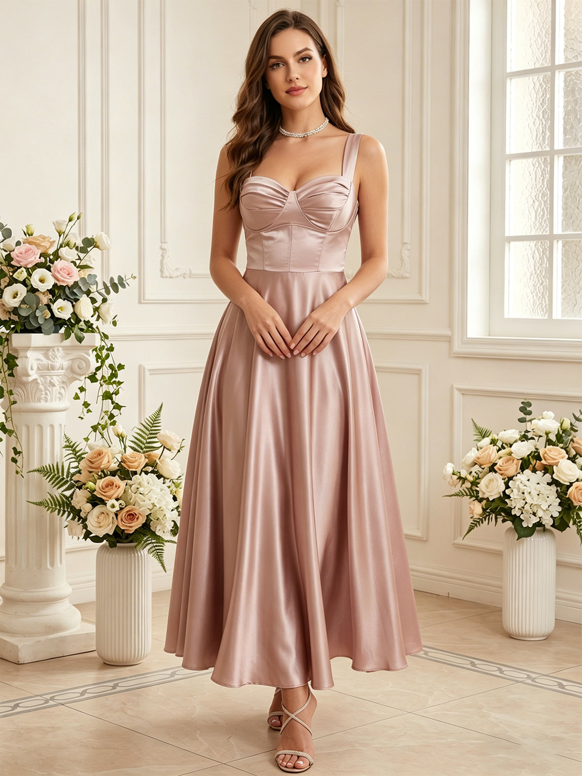 flowing satin tea length a line skirt