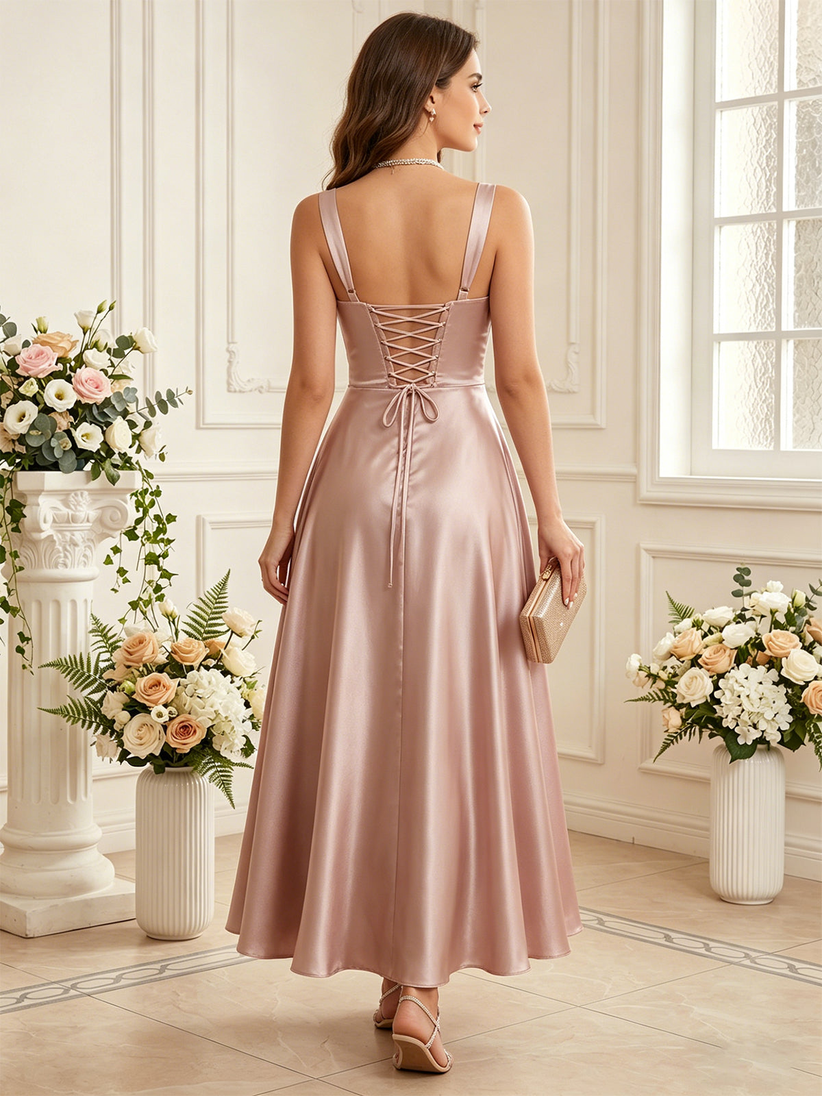 tea length satin formal evening gown