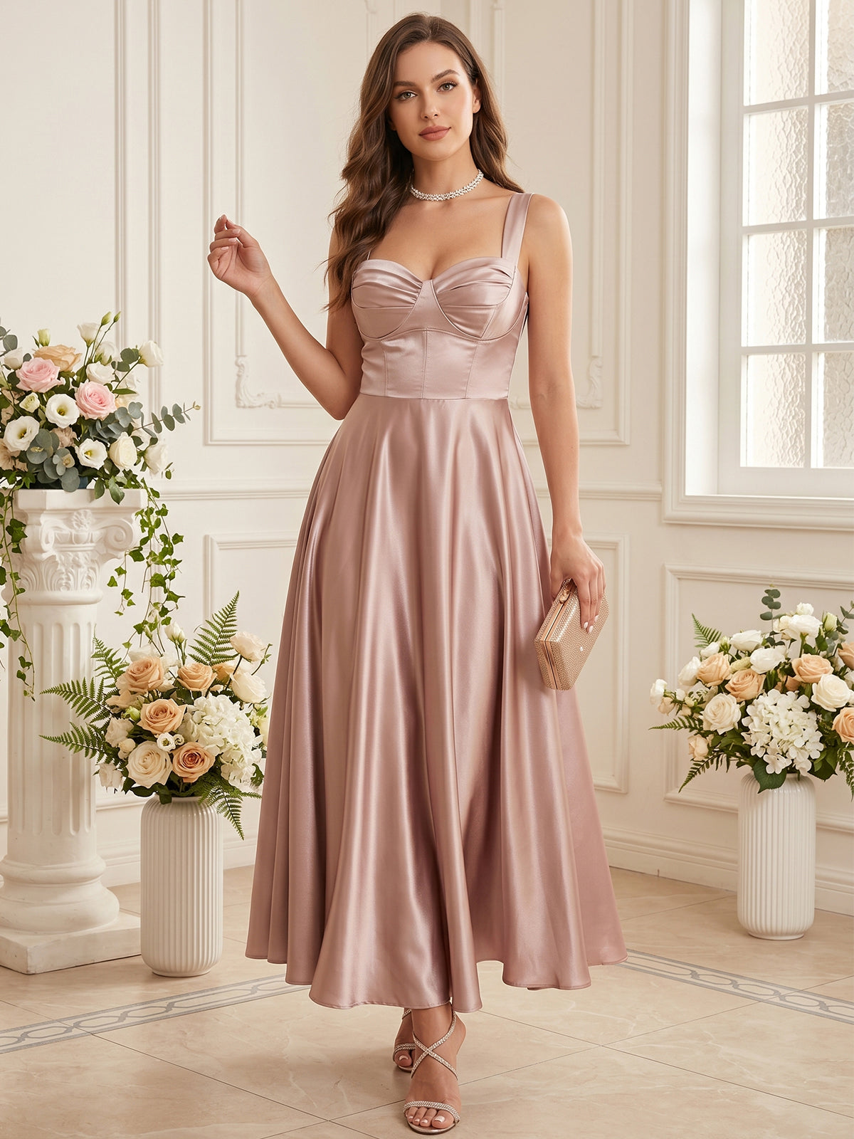 wide strap open back bridesmaid dress