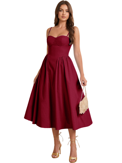Sweetheart Spaghetti Strap Midi A-Line Bridesmaid Dress with Lace-Up Back
