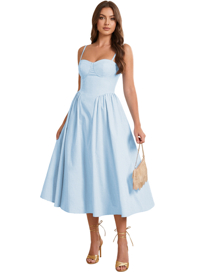 Sweetheart Spaghetti Strap Midi A-Line Bridesmaid Dress with Lace-Up Back