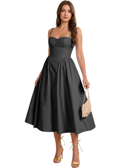 Sweetheart Spaghetti Strap Midi A-Line Bridesmaid Dress with Lace-Up Back